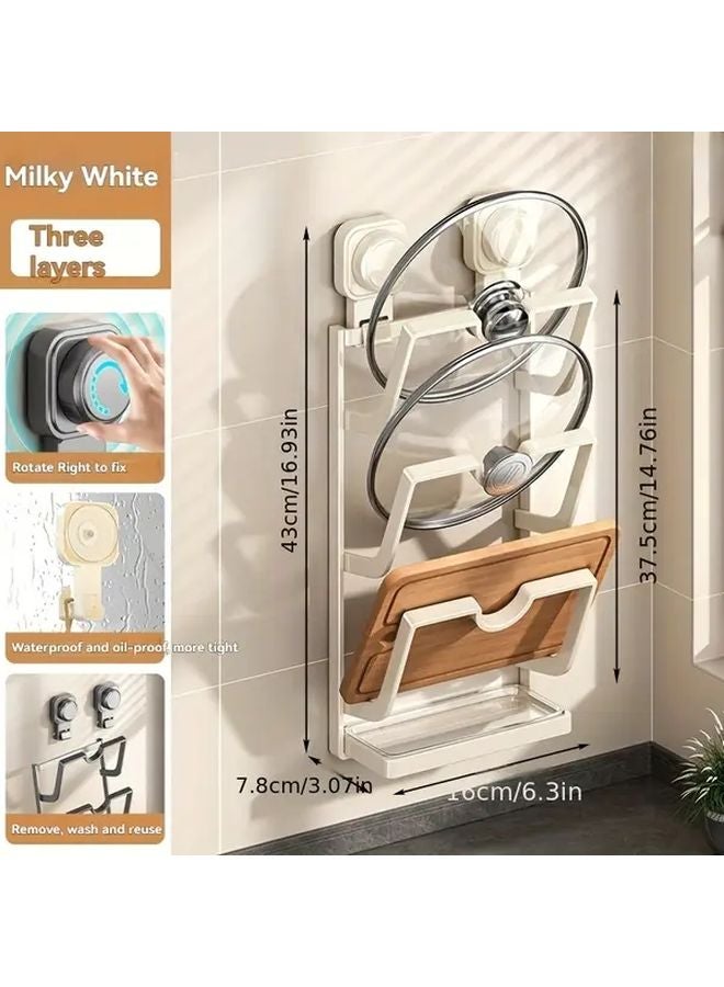 White 3 Layer Vertical Pot Lid Holder With Spoon Rest Heavy Duty Iron Construction - Image 4